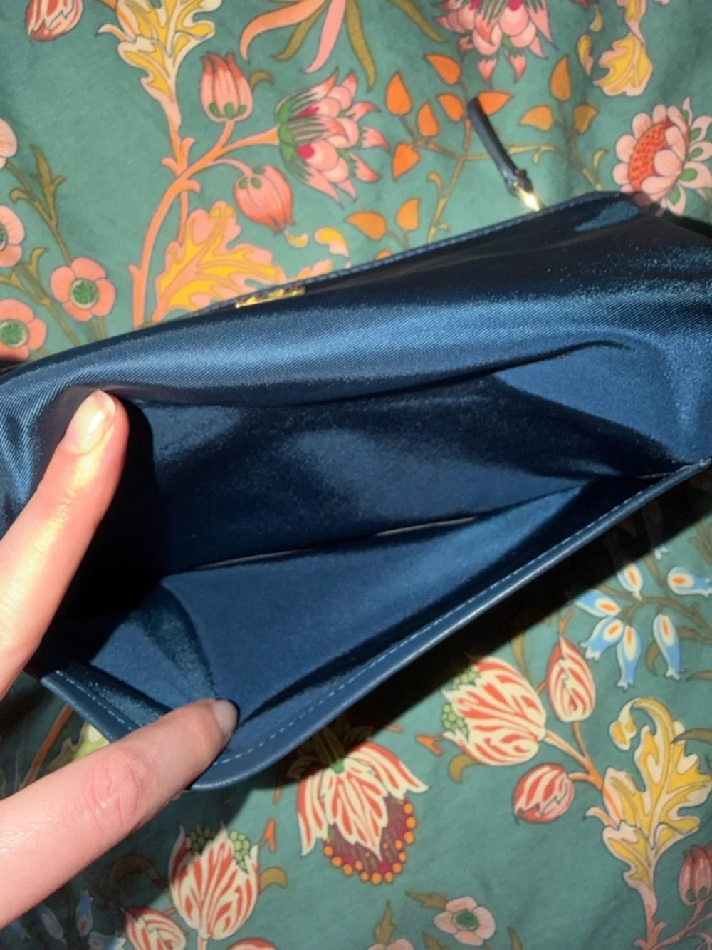 Tumi Navy Fold-Over Wristlet Clutch with Gold Hardware